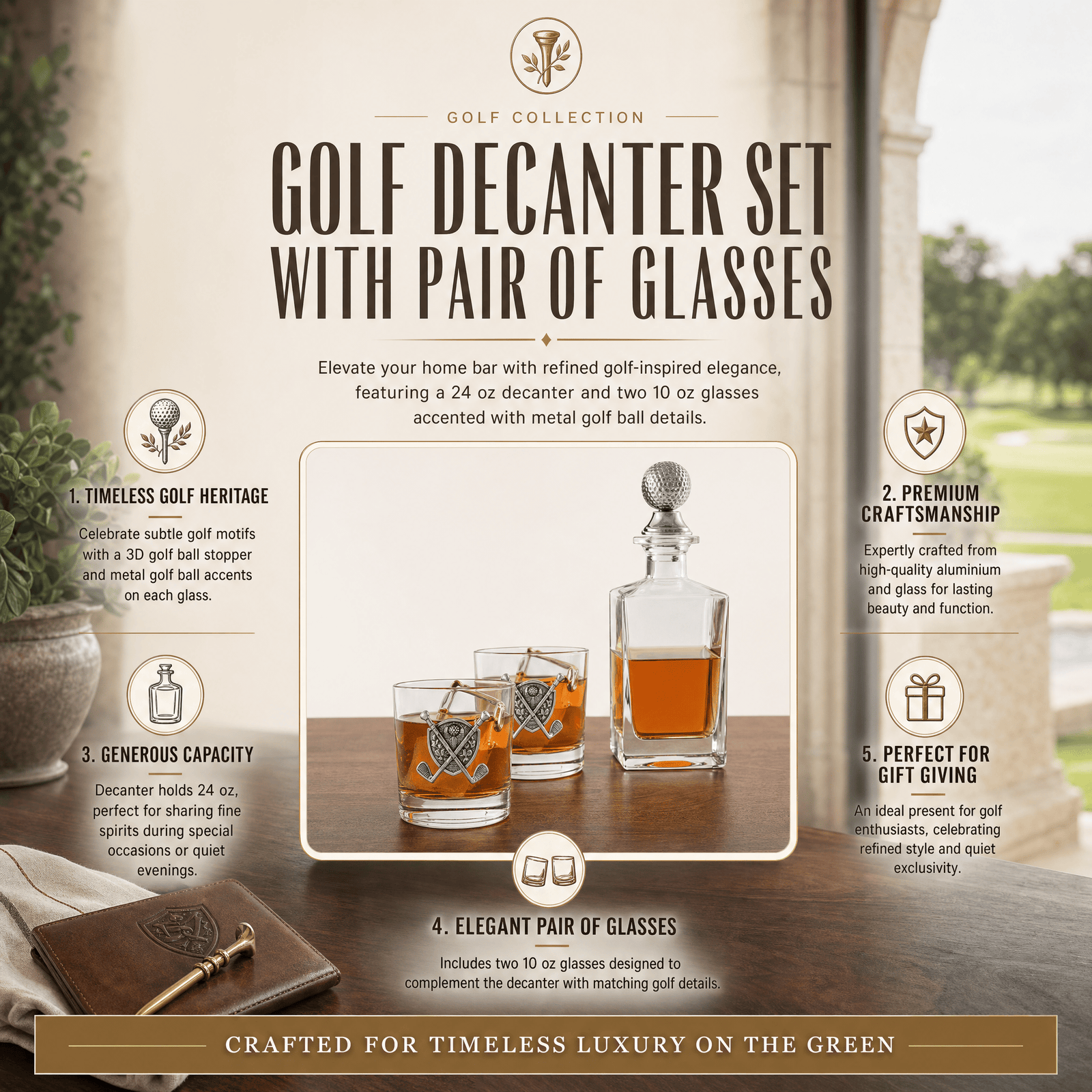 Golf Decanter Set with Pair Glasses 12