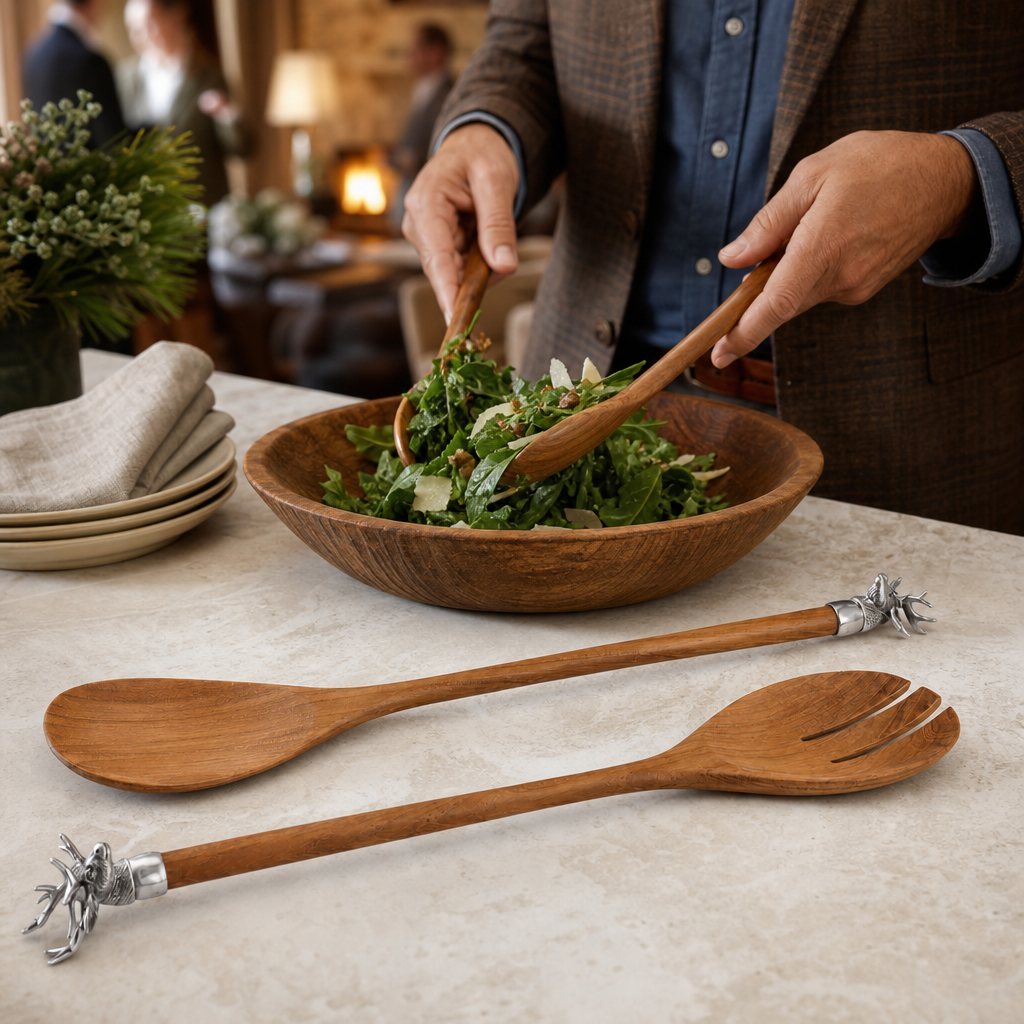 Elk Head Wood Salad Servers 6