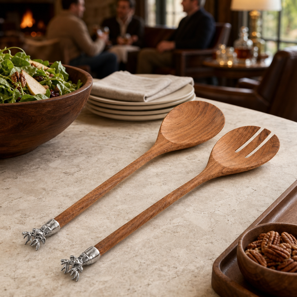 Elk Head Wood Salad Servers 8