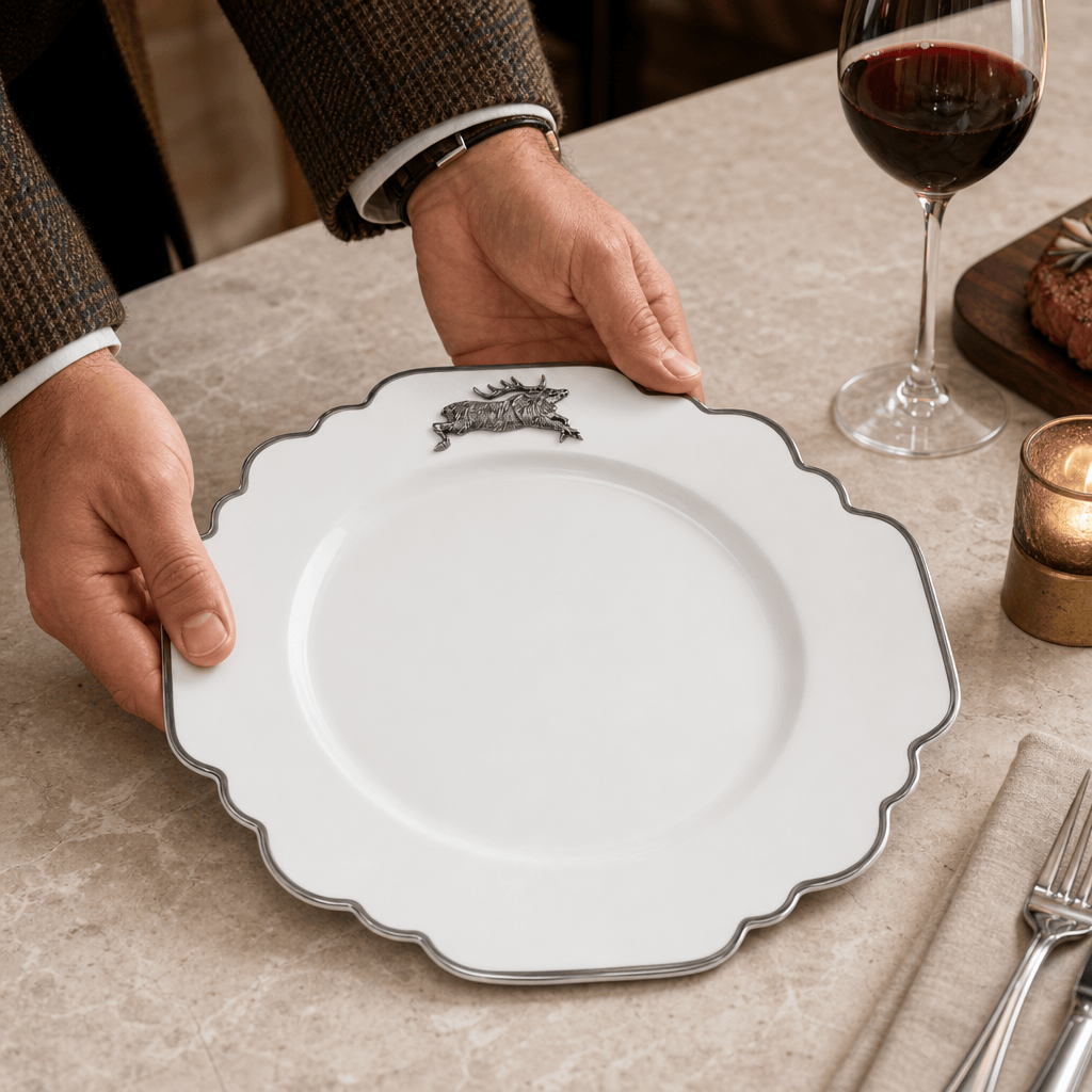 Running Elk Bone China Scallop Dinner Plate Platinum Rim 3