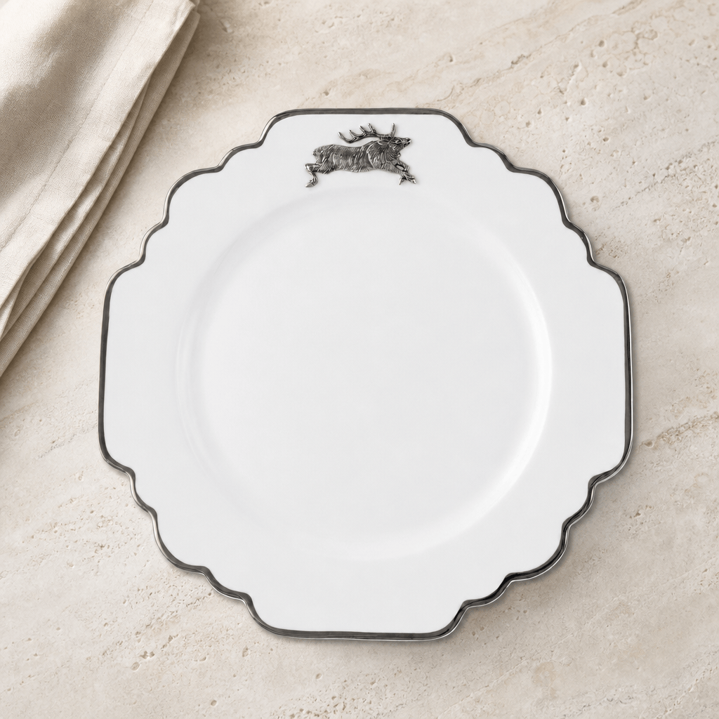 Running Elk Bone China Scallop Dinner Plate Platinum Rim 2