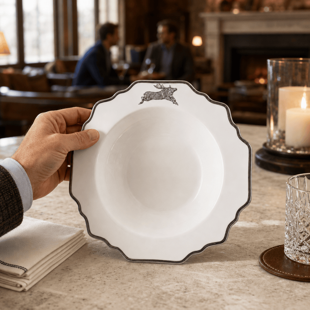 Running Elk Bone China Scallop Soup Plate Platinum Rim 3