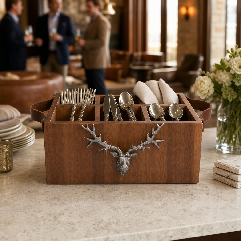 Elk Head Handles Wood Flatware Caddy 8