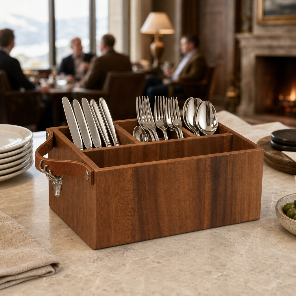 Elk Head Handles Wood Flatware Caddy 9