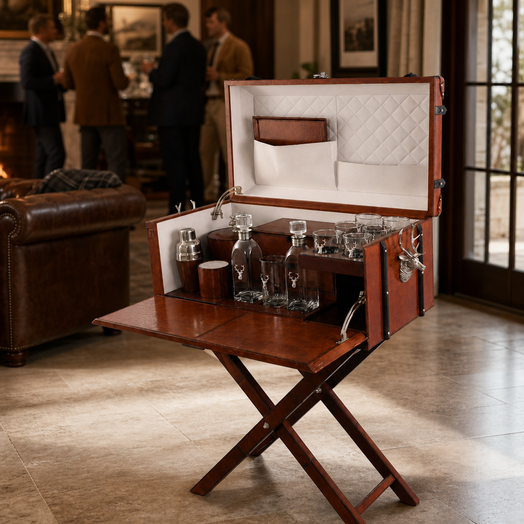 Elk Bust Handle Cognac Leather Bar Table Set 4