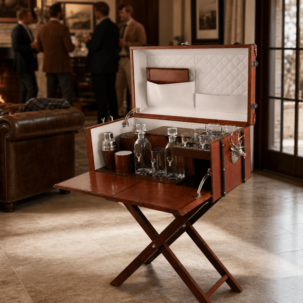 Elk Bust Handle Cognac Leather Bar Table Set 4