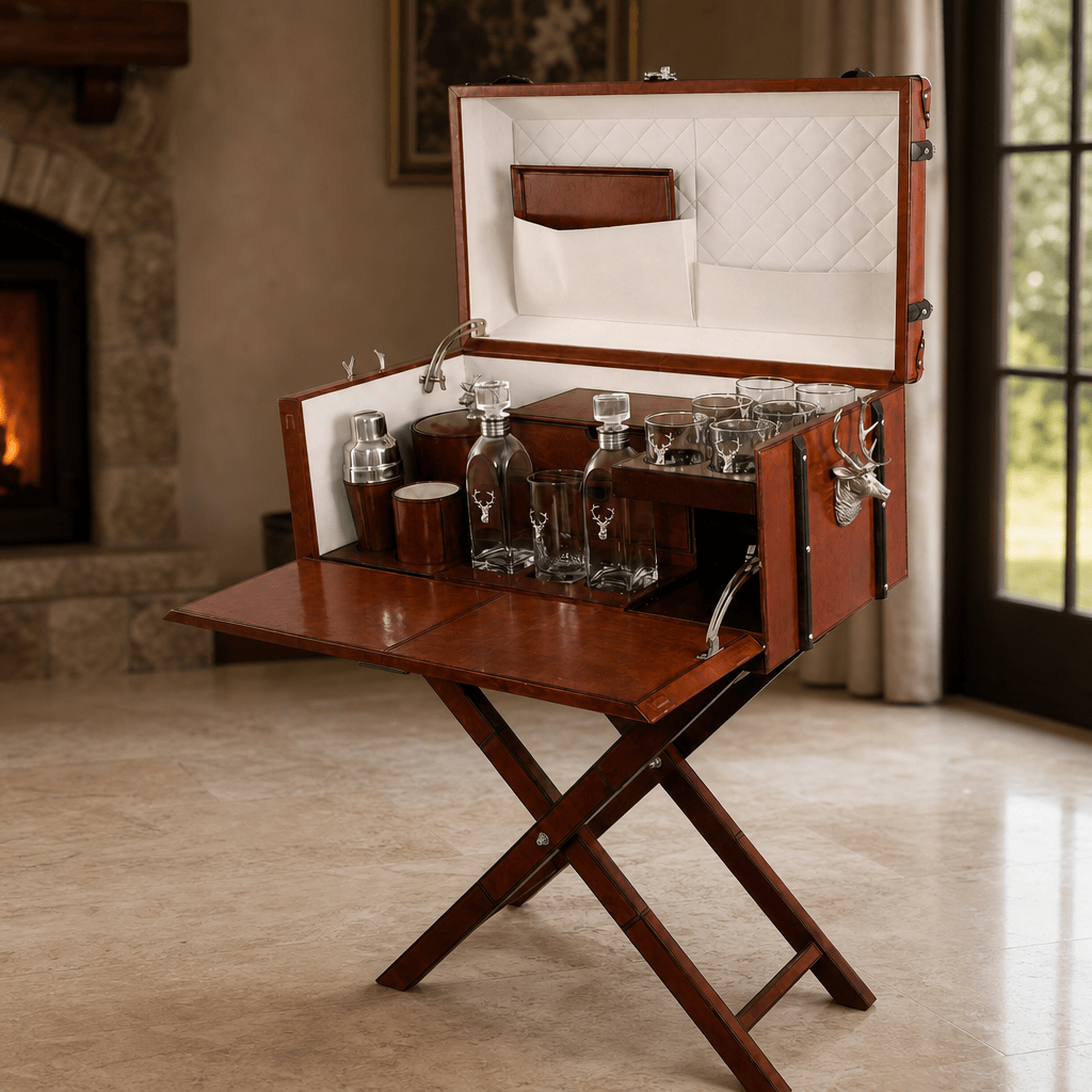 Elk Bust Handle Cognac Leather Bar Table Set 2