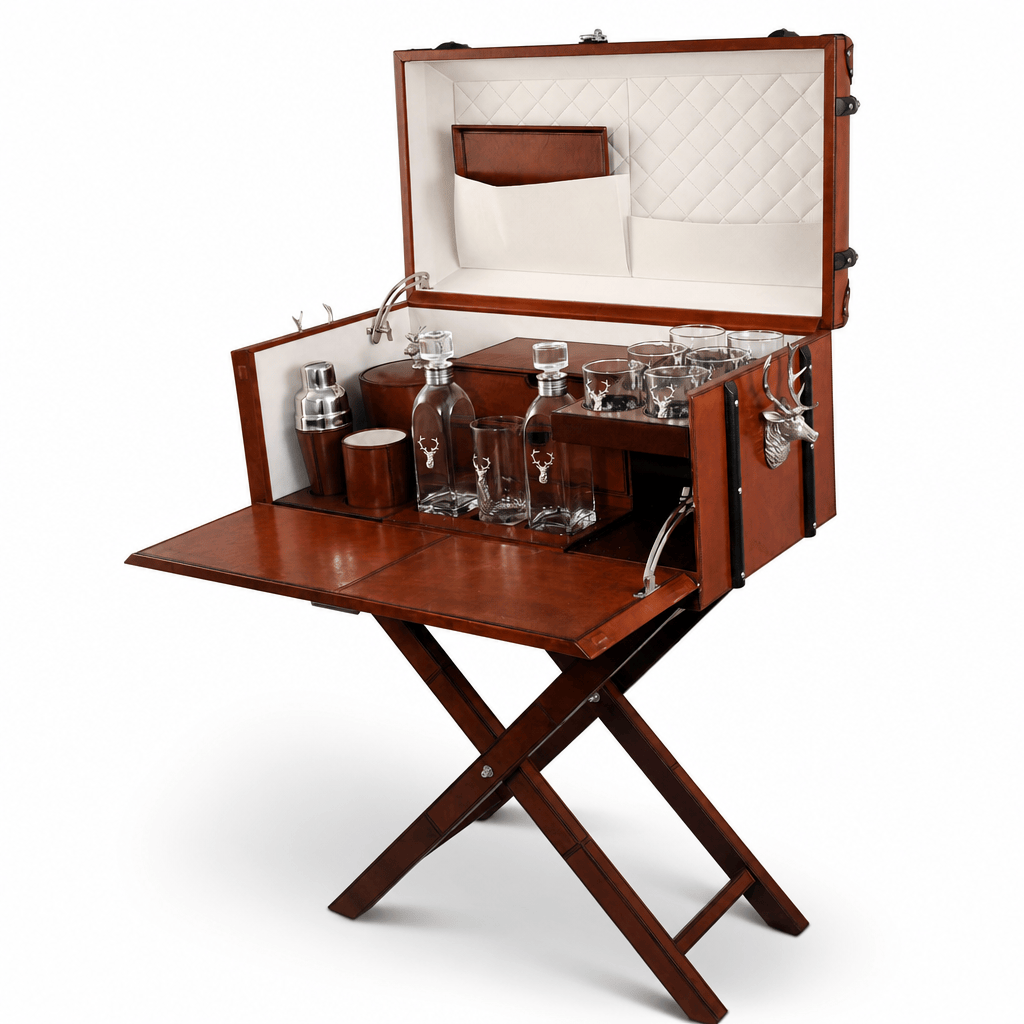 Elk Bust Handle Cognac Leather Bar Table Set 1
