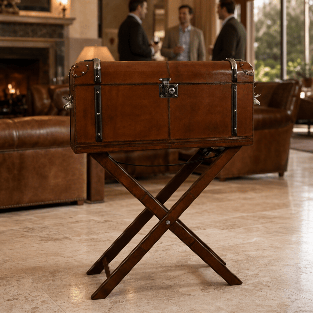 Elk Bust Handle Cognac Leather Bar Table Set 5