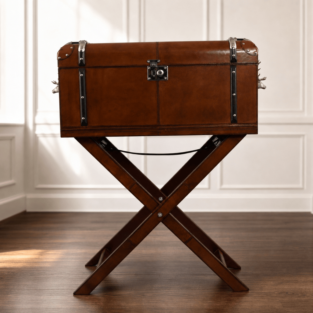 Elk Bust Handle Cognac Leather Bar Table Set 10