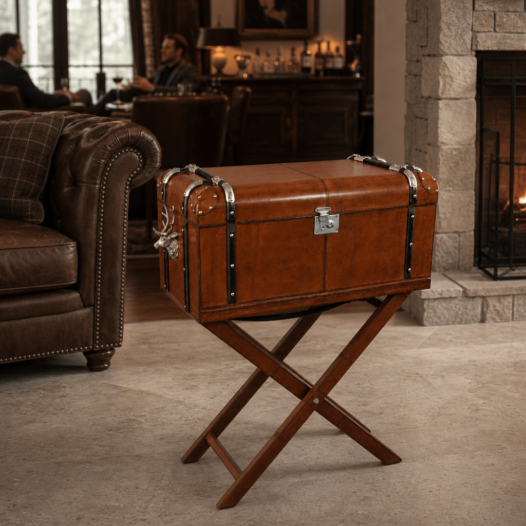 Elk Bust Handle Cognac Leather Bar Table Set 6
