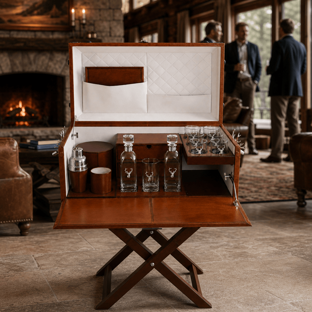Elk Bust Handle Cognac Leather Bar Table Set 7