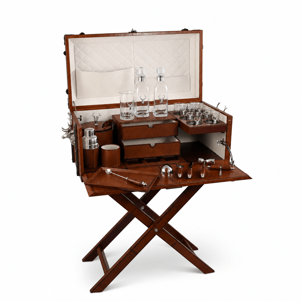 Elk Bust Handle Cognac Leather Bar Table Set 8