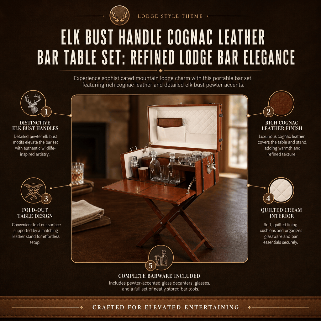Elk Bust Handle Cognac Leather Bar Table Set 11