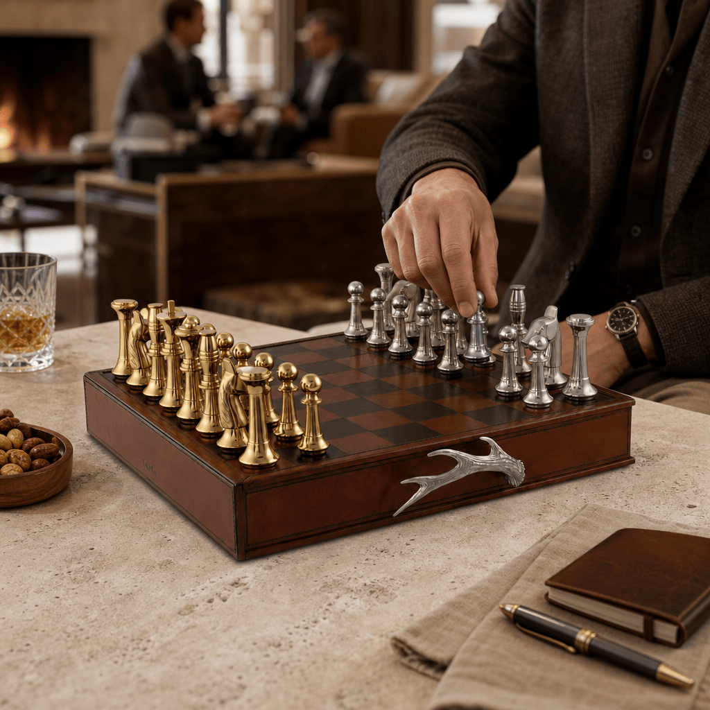 Pewter Antler Handle Chess Set Board and Storage 4