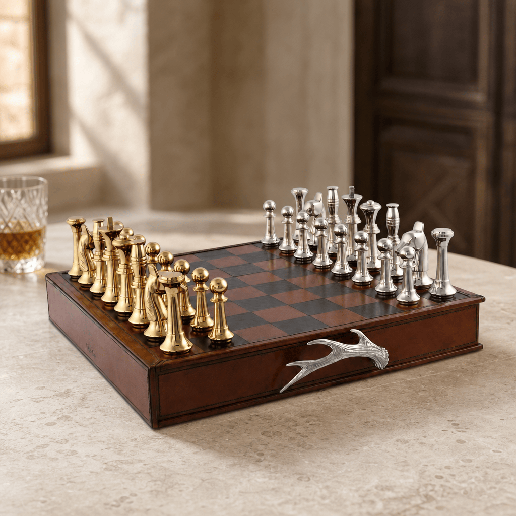 Pewter Antler Handle Chess Set Board and Storage 2