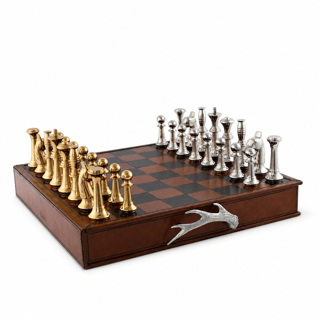 Pewter Antler Handle Chess Set Board and Storage 1