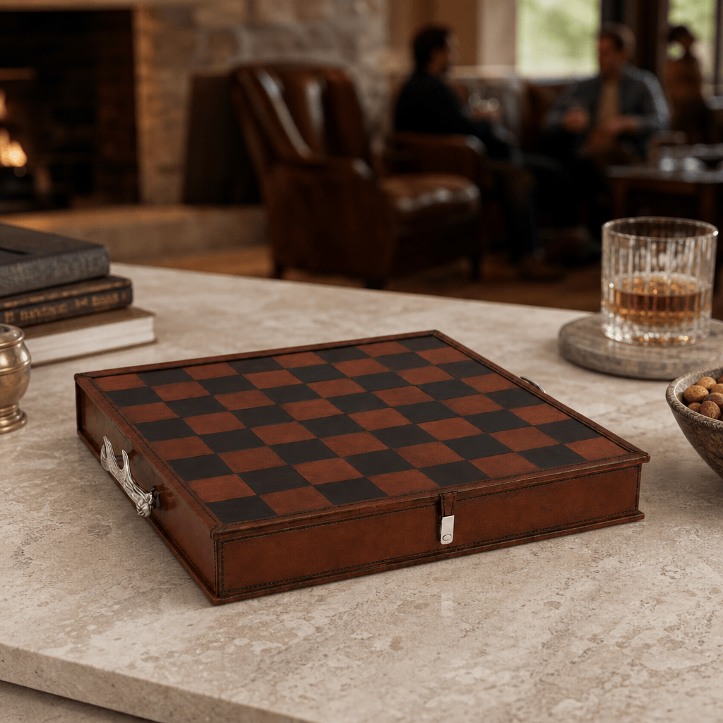Pewter Antler Handle Chess Set Board and Storage 5