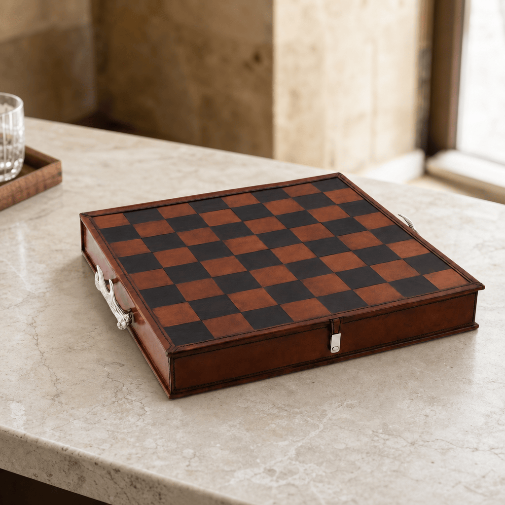 Pewter Antler Handle Chess Set Board and Storage 3