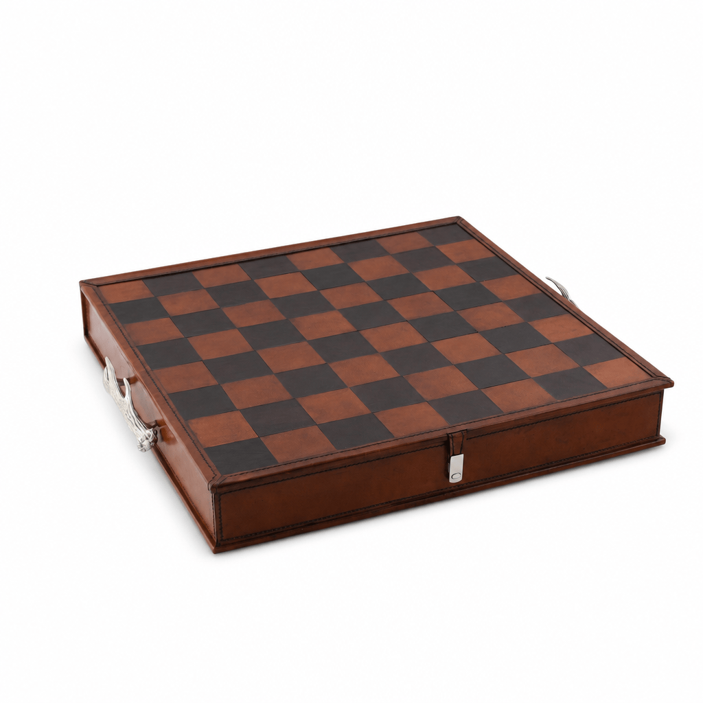 Pewter Antler Handle Chess Set Board and Storage 10