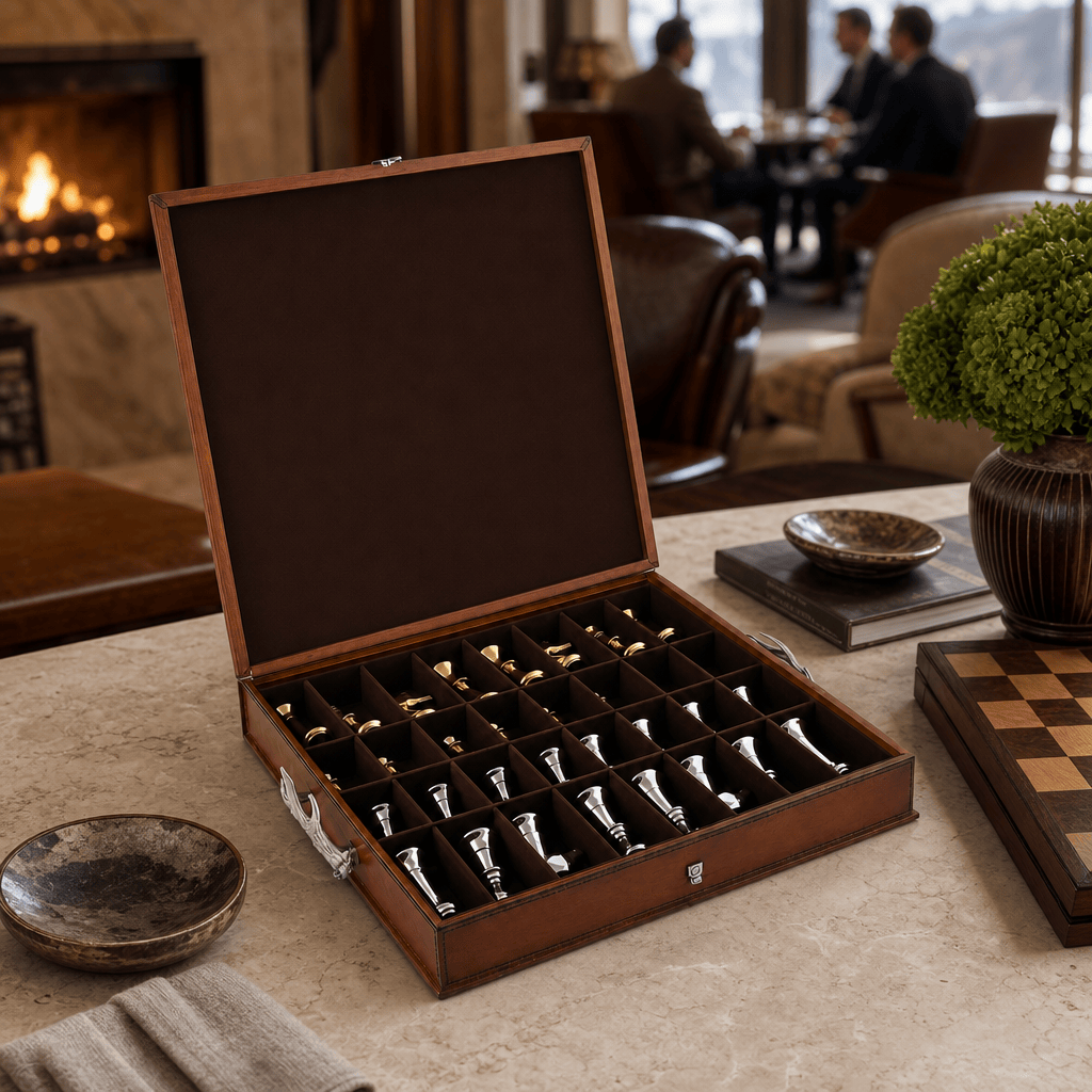 Pewter Antler Handle Chess Set Board and Storage 7