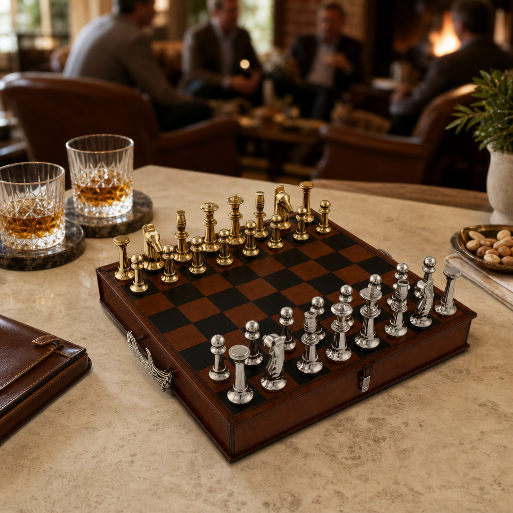 Pewter Antler Handle Chess Set Board and Storage 9