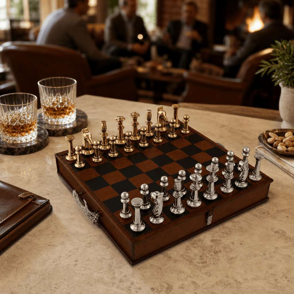 Pewter Antler Handle Chess Set Board and Storage 9