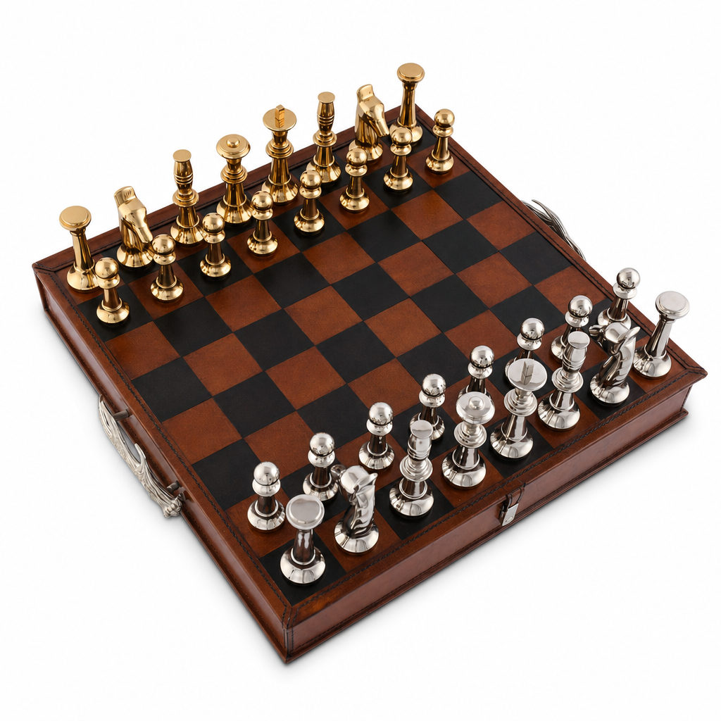 Pewter Antler Handle Chess Set Board and Storage 8