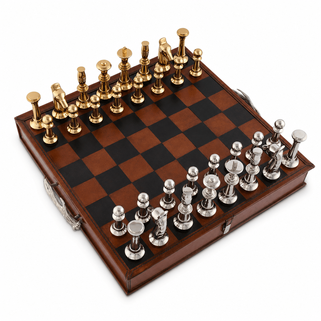 Pewter Antler Handle Chess Set Board and Storage 8