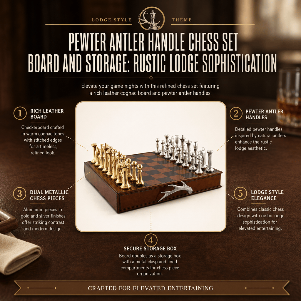 Pewter Antler Handle Chess Set Board and Storage 11
