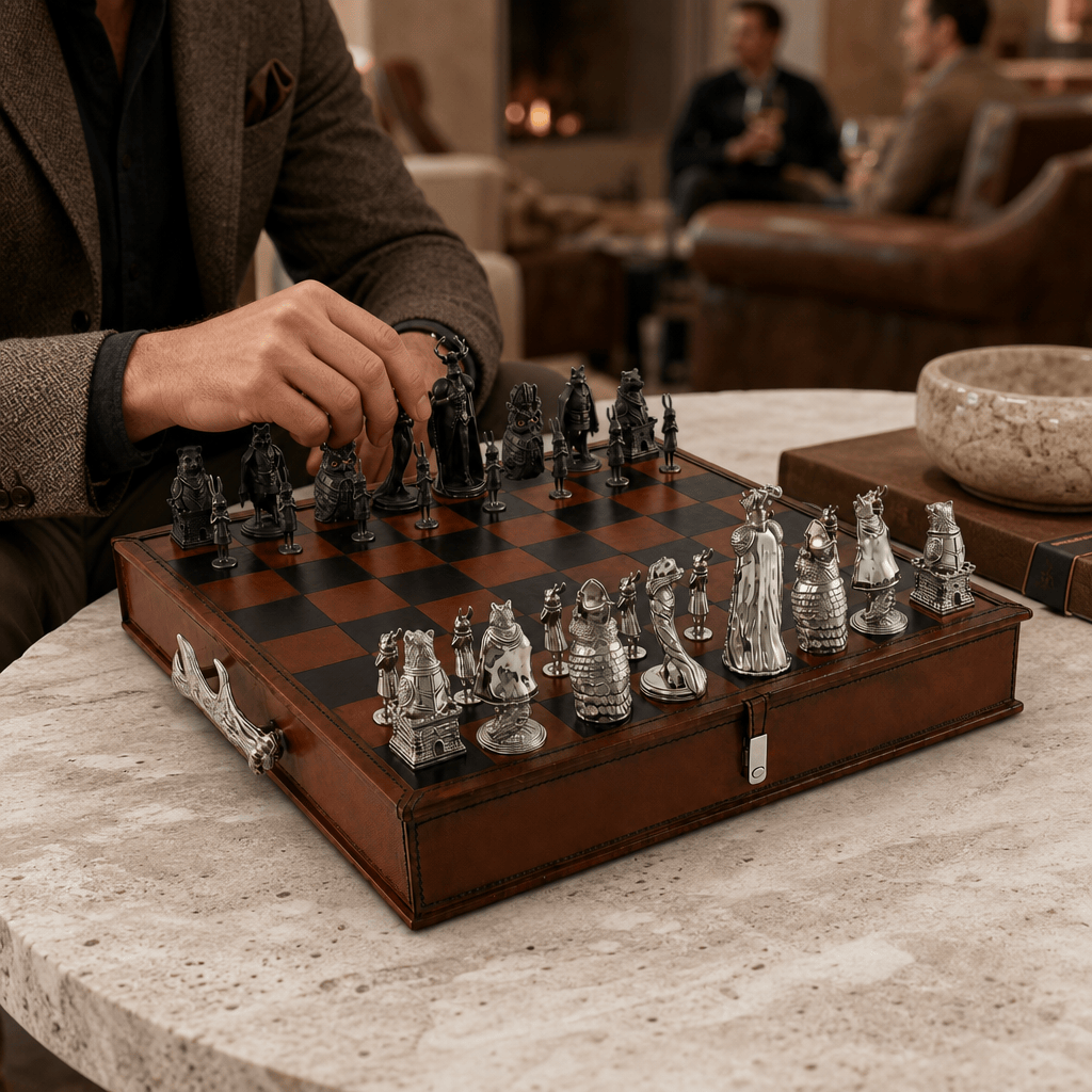 Woodland Warriors Chess Set Leather board and storage 4