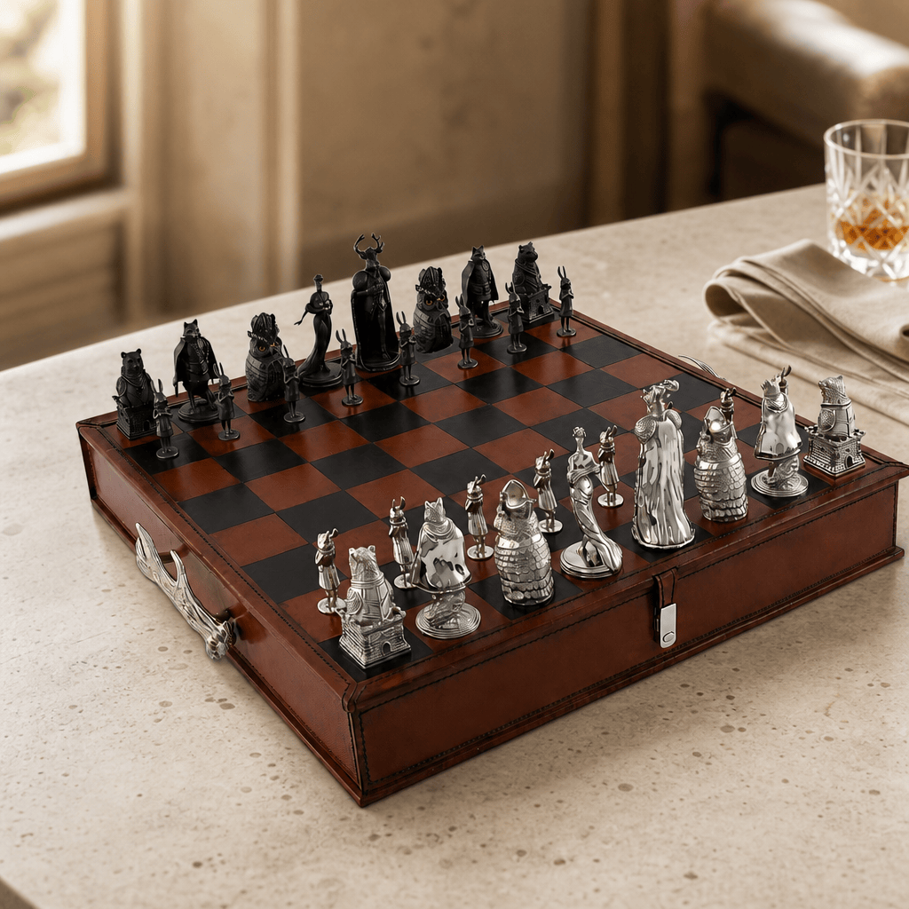 Woodland Warriors Chess Set Leather board and storage 2