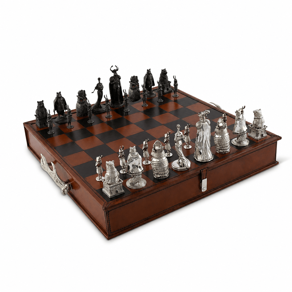 Woodland Warriors Chess Set Leather board and storage 1