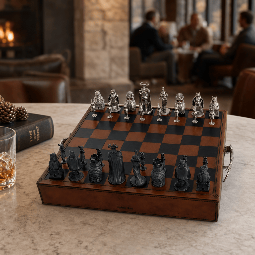 Woodland Warriors Chess Set Leather board and storage 5
