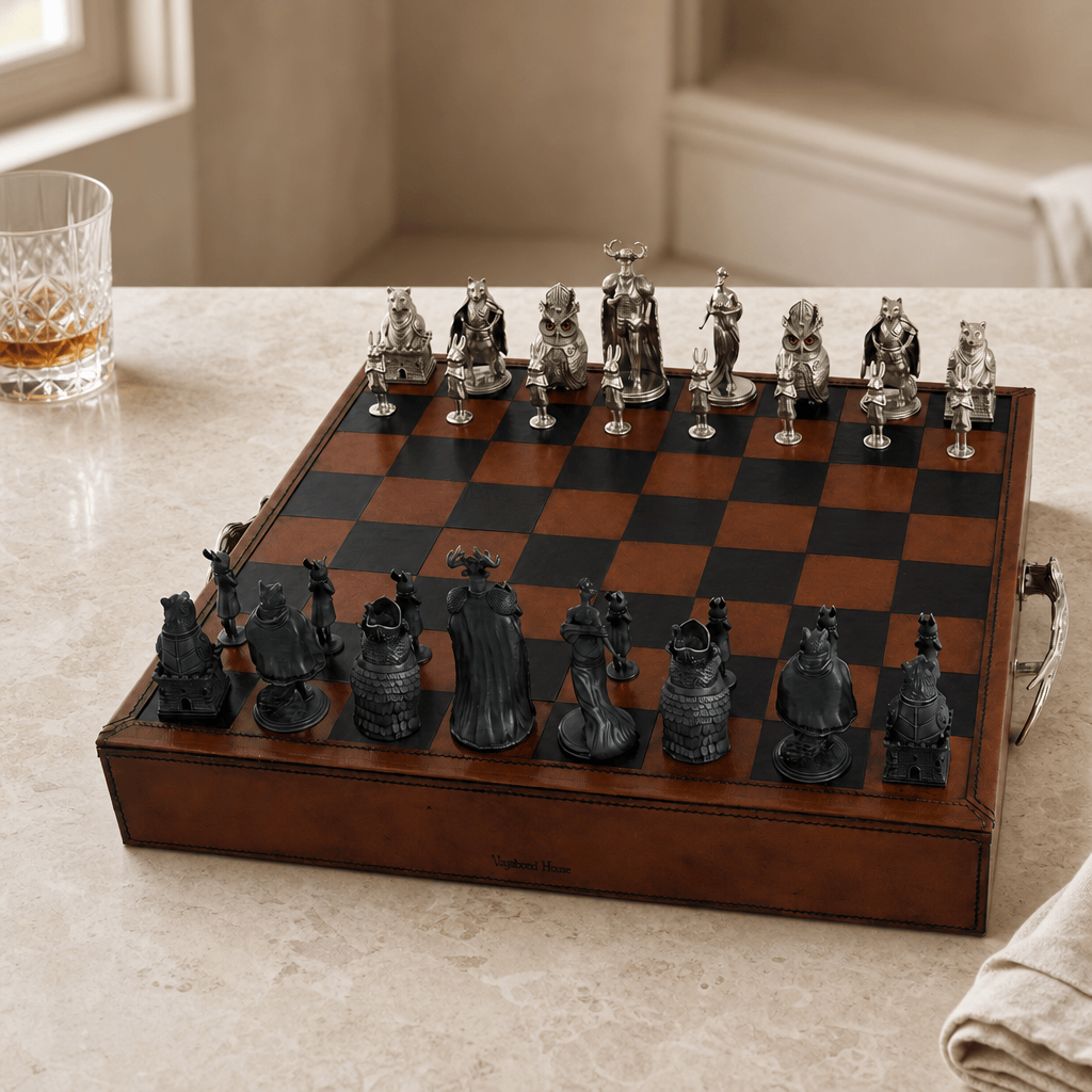 Woodland Warriors Chess Set Leather board and storage 3