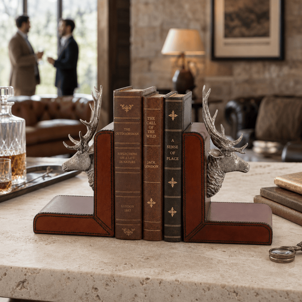 Elk Bust Cognac Leather Bookends 4