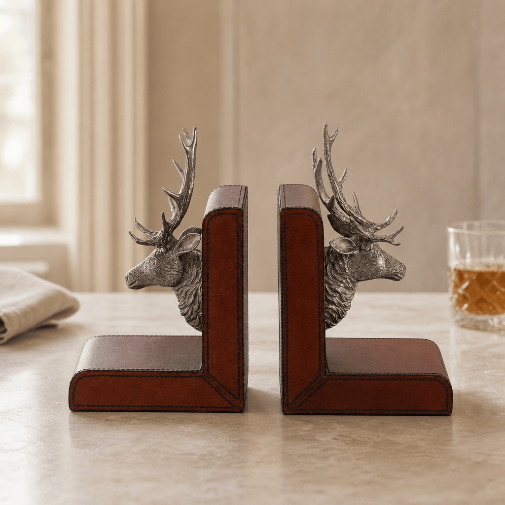 Elk Bust Cognac Leather Bookends 2