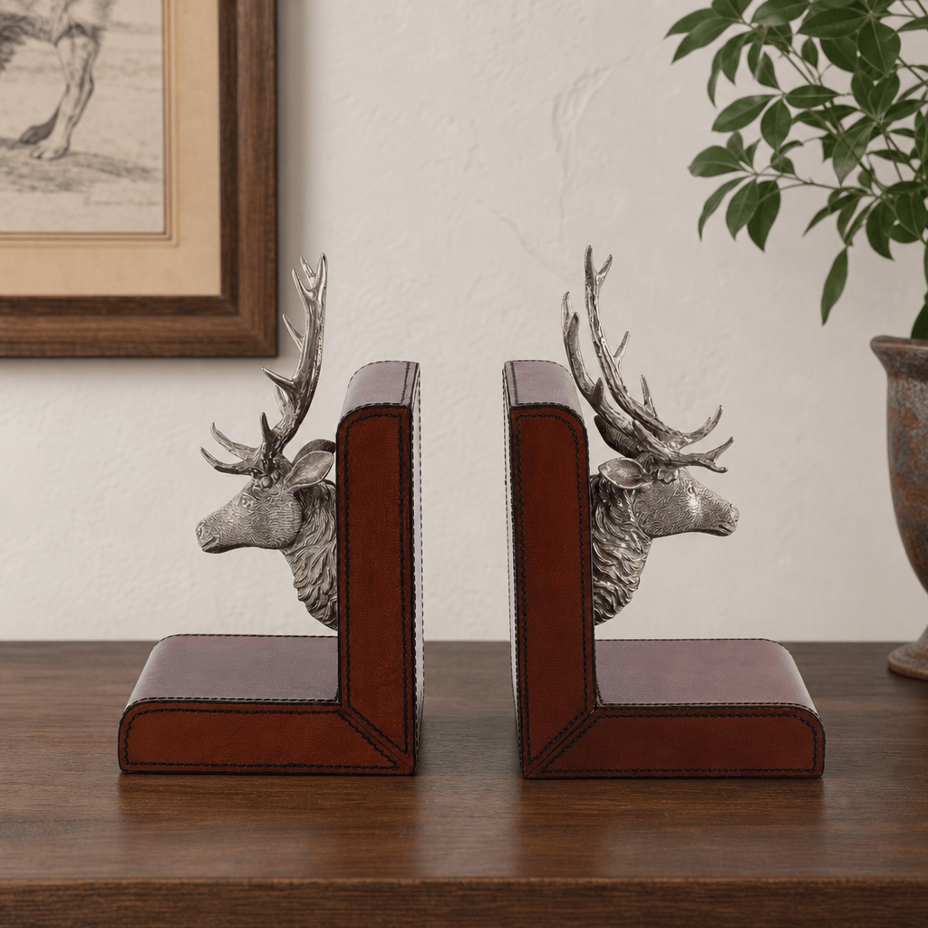 Elk Bust Cognac Leather Bookends 1