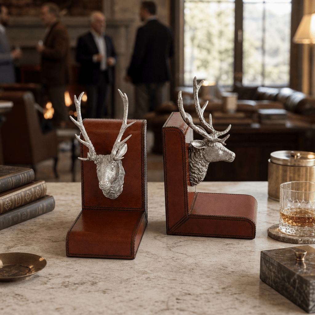 Elk Bust Cognac Leather Bookends 5
