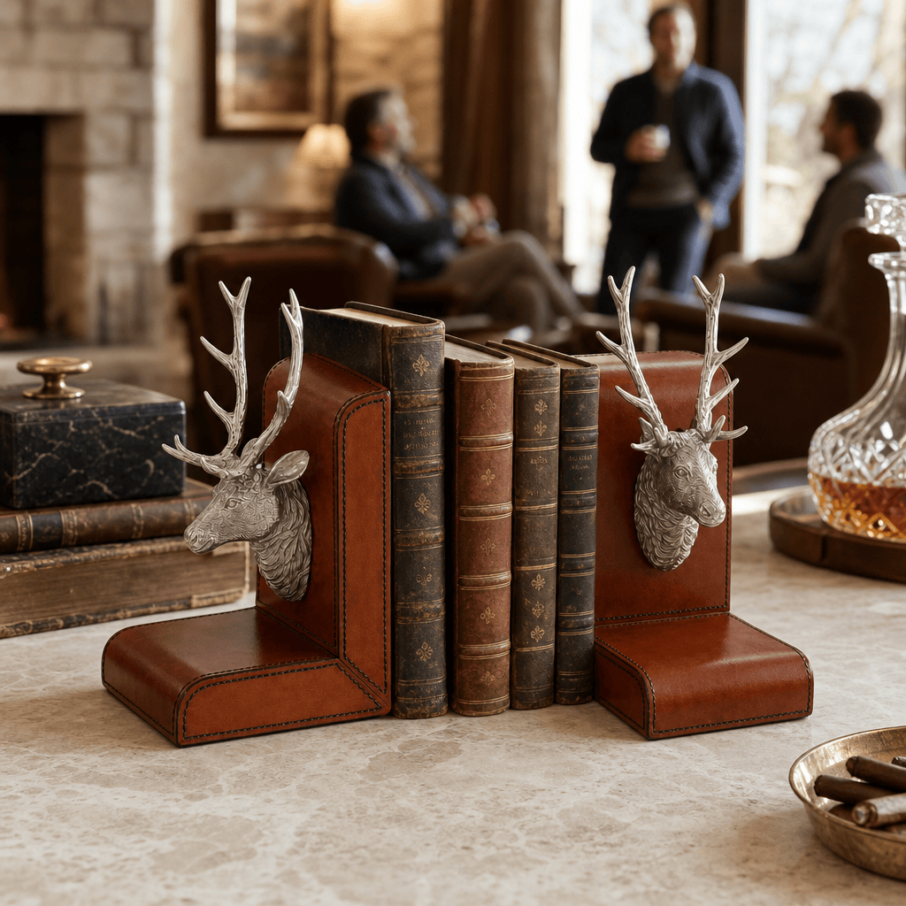 Elk Bust Cognac Leather Bookends 6