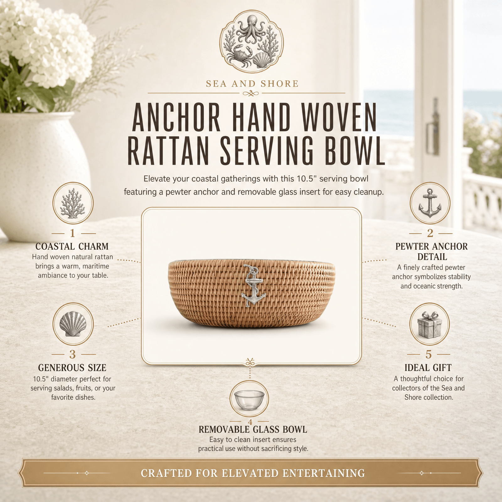 Anchor Hand Woven Wicker Natural Rattan Serving Bowl 11