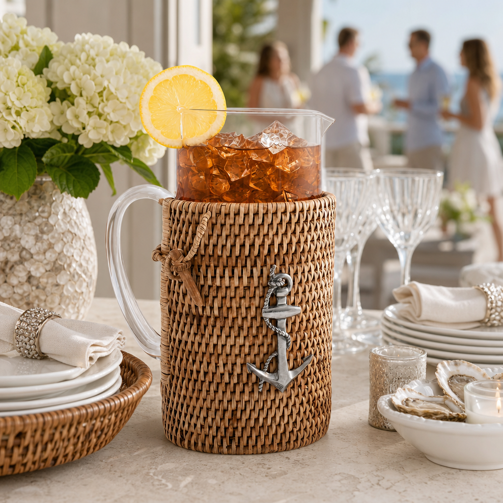 Anchor Glass Pitcher Hand Woven Wicker Natural Rattan Cover 6