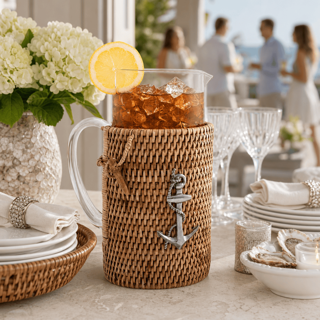 Anchor Glass Pitcher Hand Woven Wicker Natural Rattan Cover 6