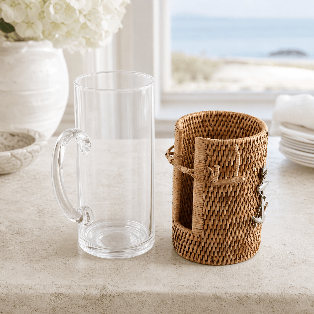 Anchor Glass Pitcher Hand Woven Wicker Natural Rattan Cover 3