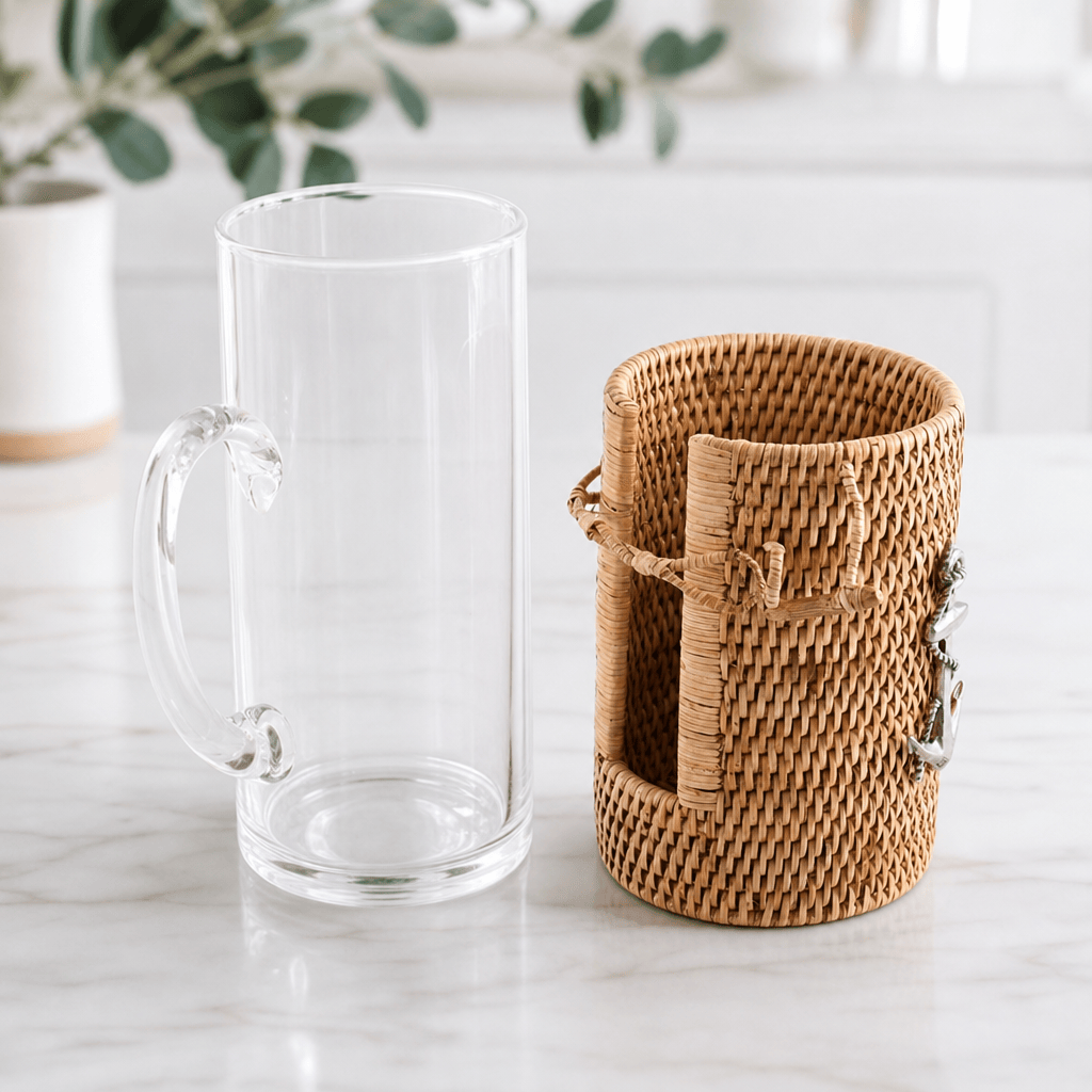 Anchor Glass Pitcher Hand Woven Wicker Natural Rattan Cover 10