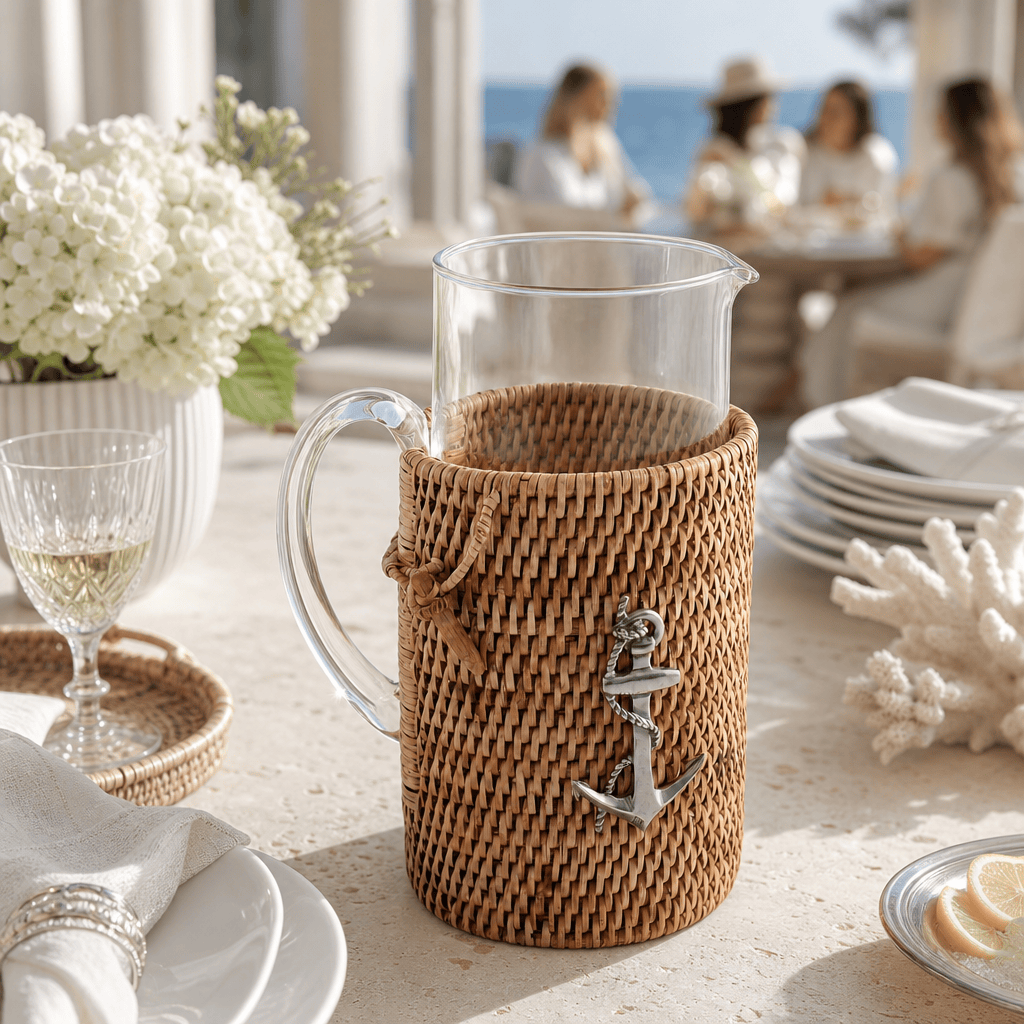 Anchor Glass Pitcher Hand Woven Wicker Natural Rattan Cover 8
