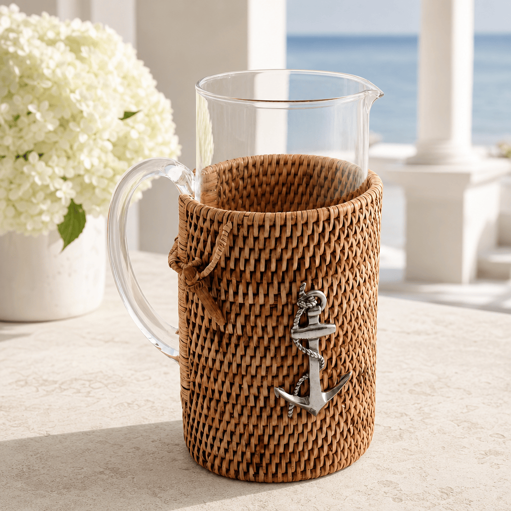Anchor Glass Pitcher Hand Woven Wicker Natural Rattan Cover 4