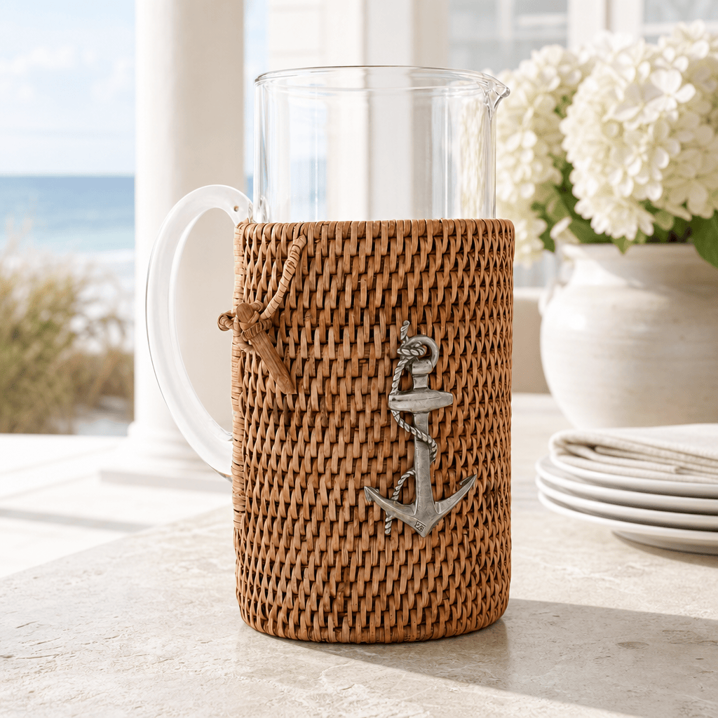 Anchor Glass Pitcher Hand Woven Wicker Natural Rattan Cover 5
