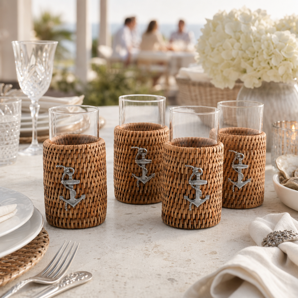 Anchor Drinking Glass Covered with Hand Woven Wicker Rattan - Set of 4 7
