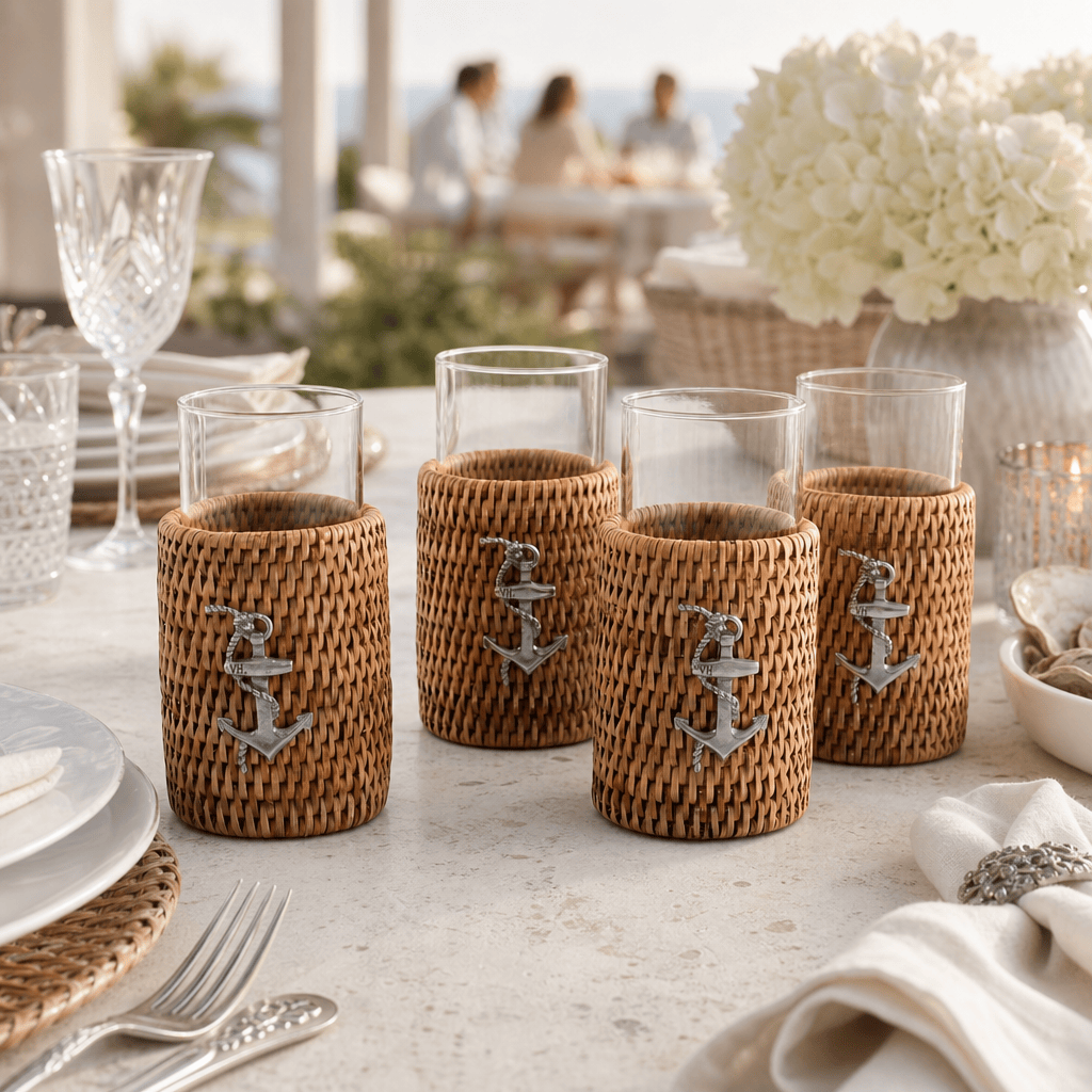 Anchor Drinking Glass Covered with Hand Woven Wicker Rattan - Set of 4 7